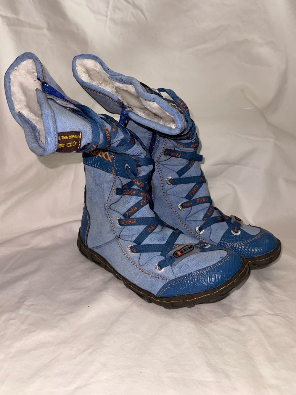 NEW TMA Eyes Blue Boho Patchwork Lace Up Mid Calf Boots NWOB Size 38 US 7.5-8